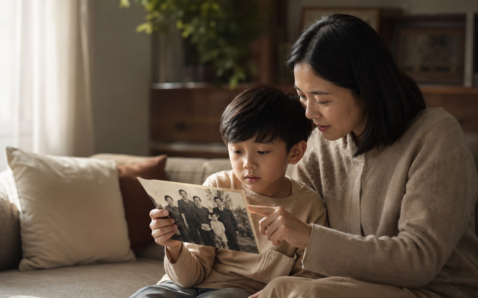 家长向孩子介绍老照片中的家人