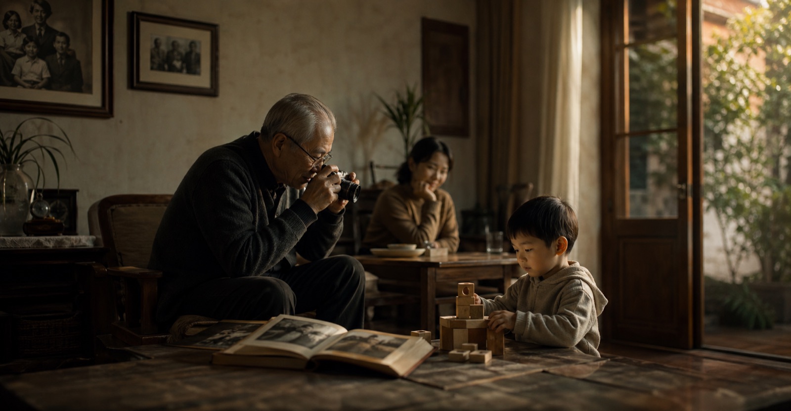 长辈在家里记录孩子的成长瞬间